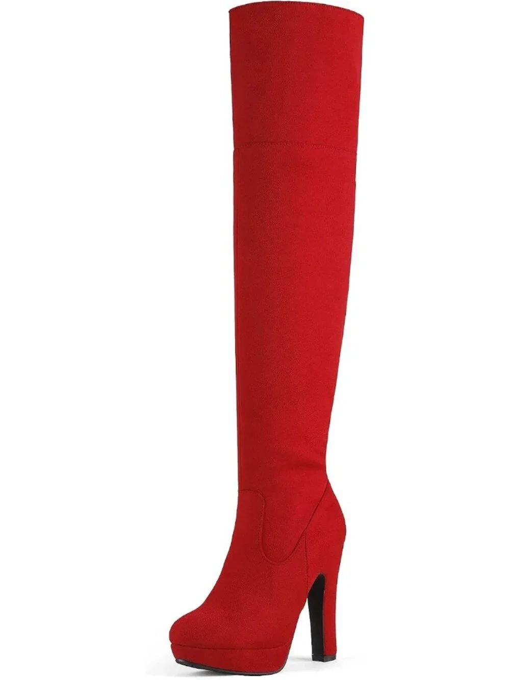 Women's Red High Heel Round Toe Faux Suede Over The Knee Thigh High Boots